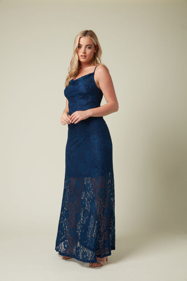 Skirt & Stiletto NAVY STRETCH LACE BIAS CUT MAXI DRESS