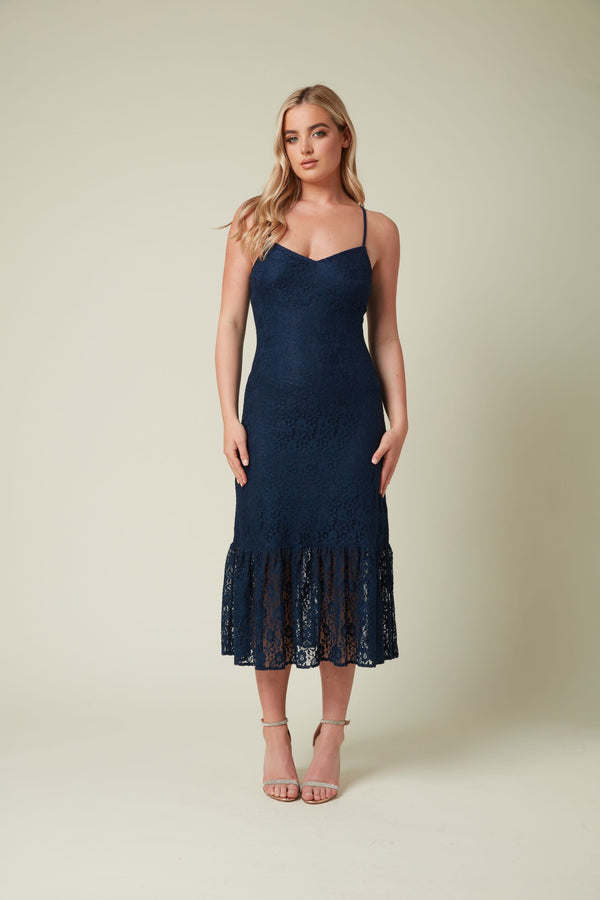 Skirt & Stiletto NAVY STRETCH LACE MIDI DRESS WITH BOTTOM FRILL