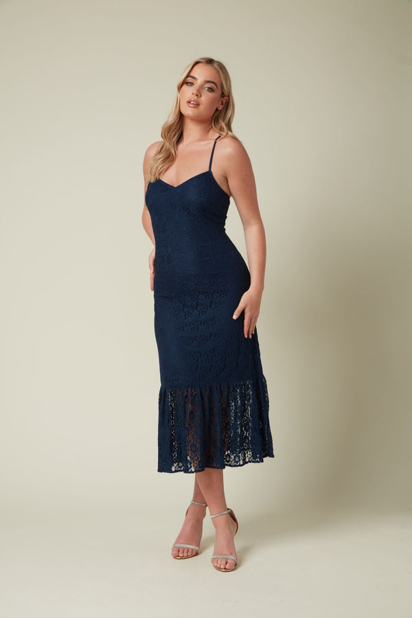 Skirt & Stiletto NAVY STRETCH LACE MIDI DRESS WITH BOTTOM FRILL
