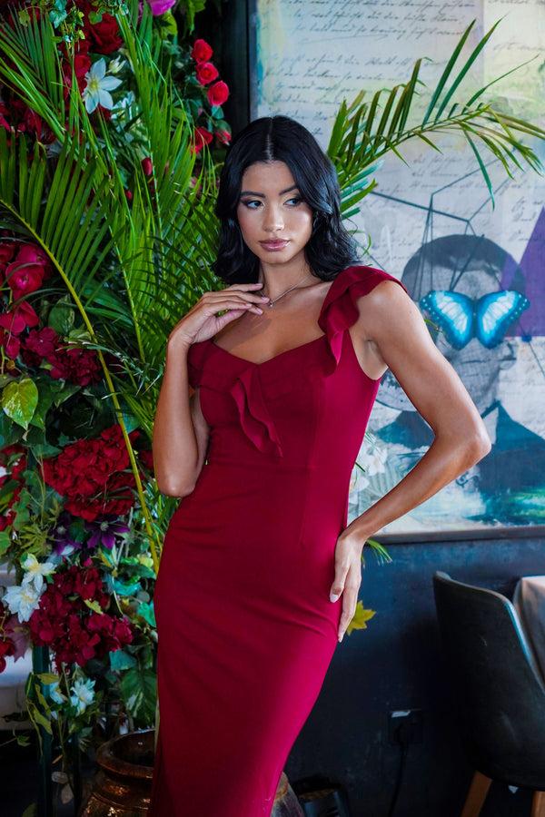 Skirt & Stiletto Off The Shoulder Midi Dress With Frill In Wine