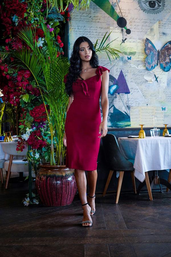 Skirt & Stiletto Off The Shoulder Midi Dress With Frill In Wine