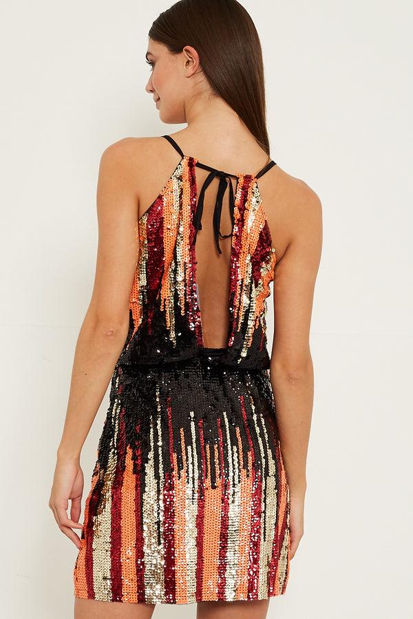 Skirt & Stiletto Orange Gold And Black Sequin Mini Dress