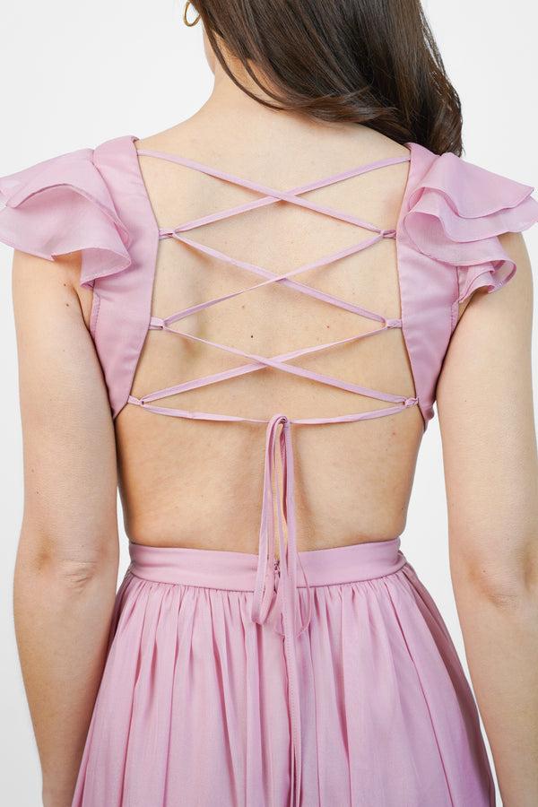 Skirt & Stiletto Pink Metallic Chiffon Maxi Dress With Cutouts