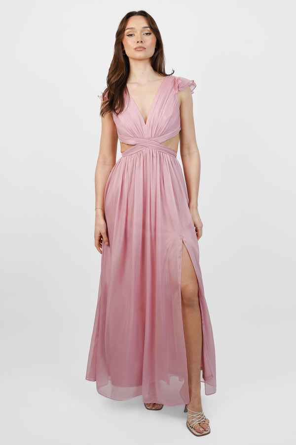 skirt & stiletto Pink Metallic Chiffon Maxi Dress with Cutouts