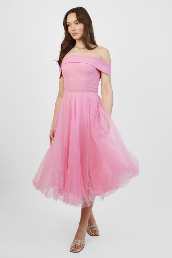 Skirt & Stiletto Pink Tulle Bardot Midi Dress With Slit