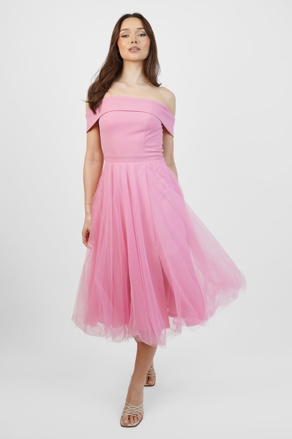 skirt & stiletto Pink tulle bardot midi dress with slit