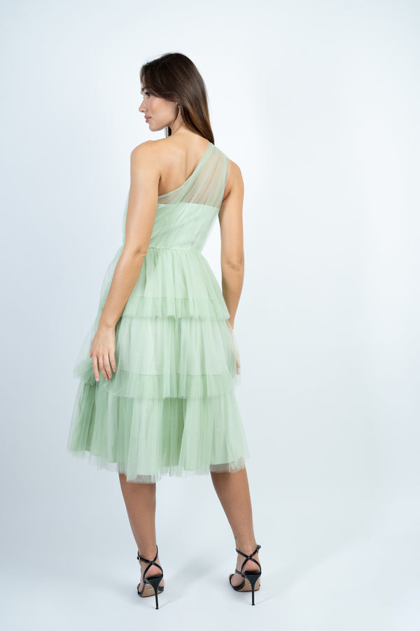 Skirt & Stiletto Sage Green One Shoulder Tulle Midi Dress
