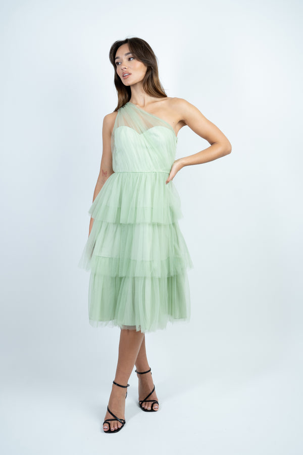 skirt & stiletto Sage Green One Shoulder Tulle Midi Dress