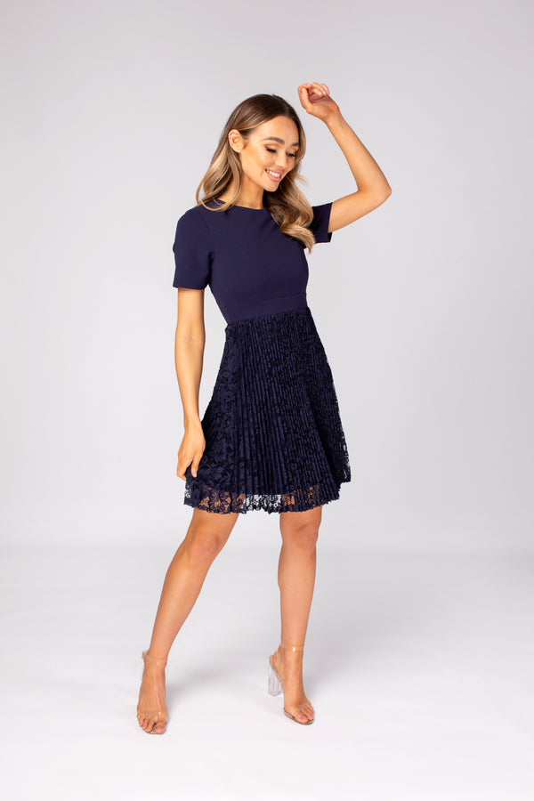 Skirt & Stiletto Short Sleeve Pleated Lace Skater Dress In Navy