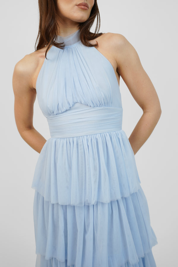 Skirt & Stiletto Baby Blue Tulle Tiered Maxi Dress