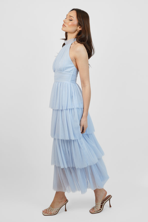 Skirt & Stiletto Baby Blue Tulle Tiered Maxi Dress