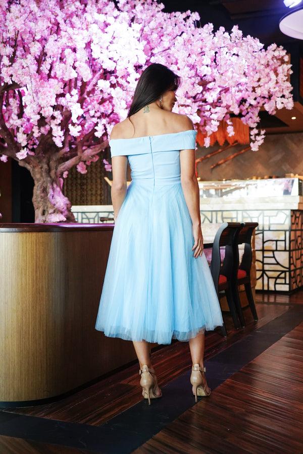 Skirt & Stiletto Blue Tulle Midi Dress With Slit