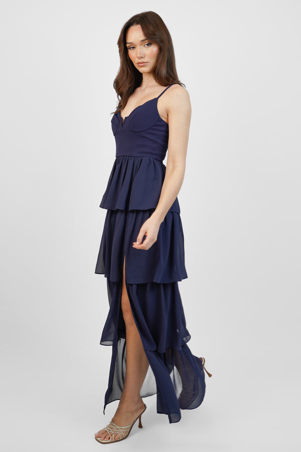 Skirt & Stiletto Navy Chiffon Tiered Maxi Dress