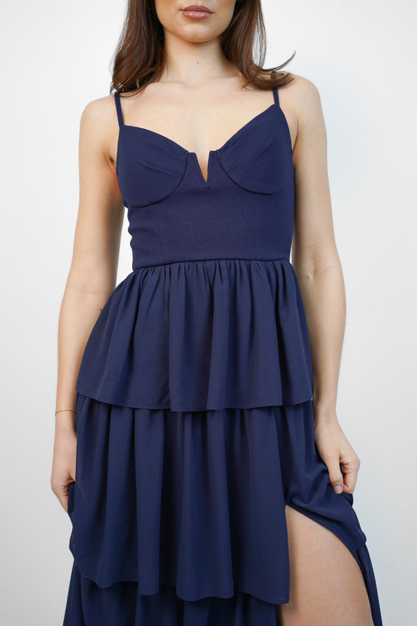 Skirt & Stiletto Navy Chiffon Tiered Maxi Dress