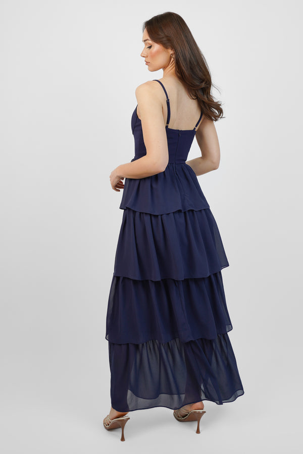 Skirt & Stiletto Navy Chiffon Tiered Maxi Dress