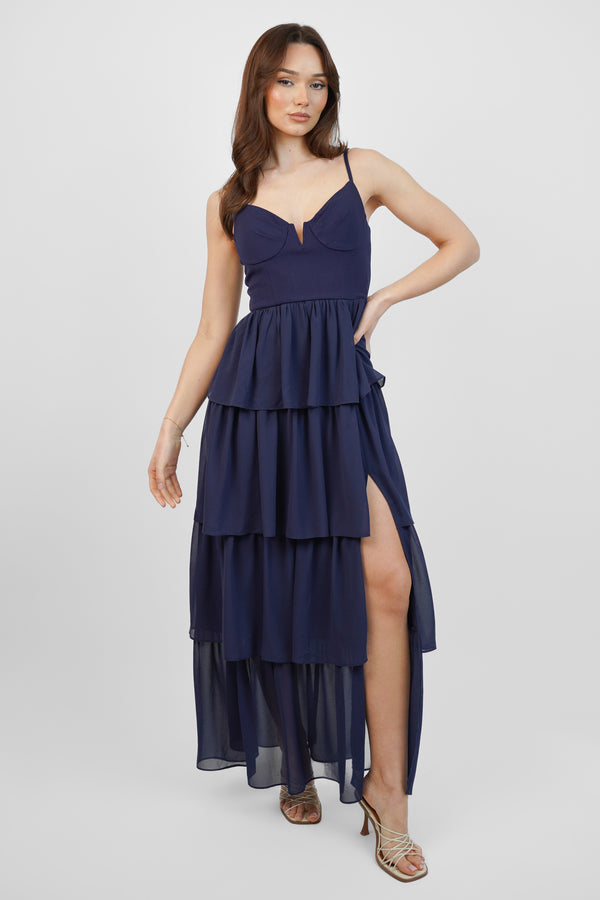 skirt & stiletto Navy Chiffon Tiered Maxi Dress