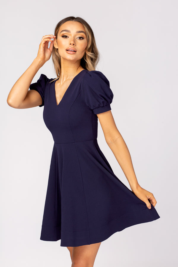 Skirt & Stiletto Navy Skater Dress With Puff Sleeve