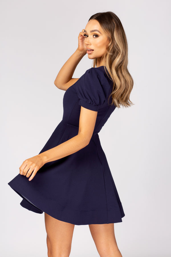 Skirt & Stiletto Navy Skater Dress With Puff Sleeve