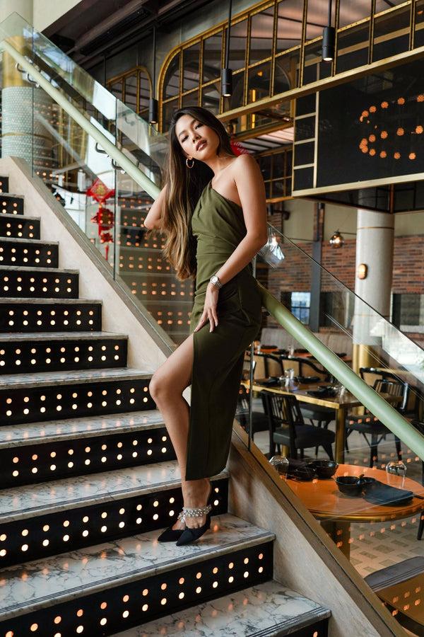 Skirt & Stiletto One Shoulder Crepe Dress In Khaki