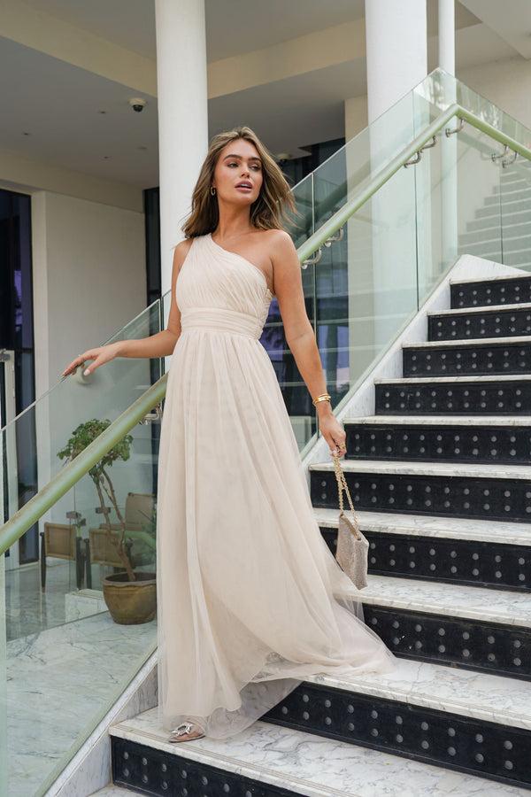 skirt & stiletto One Shoulder Mesh Maxi Dress