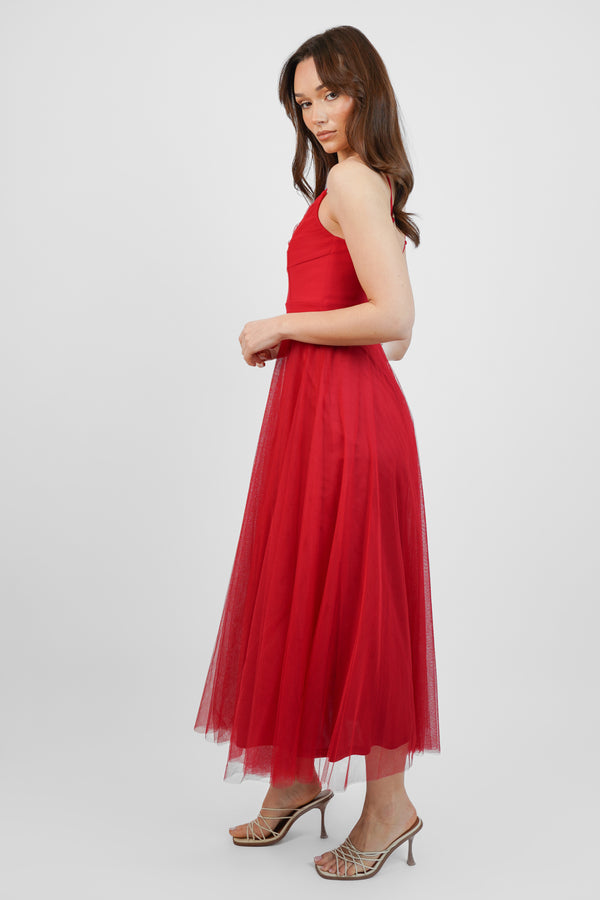 Skirt & Stiletto Red Tulle Midi Dress