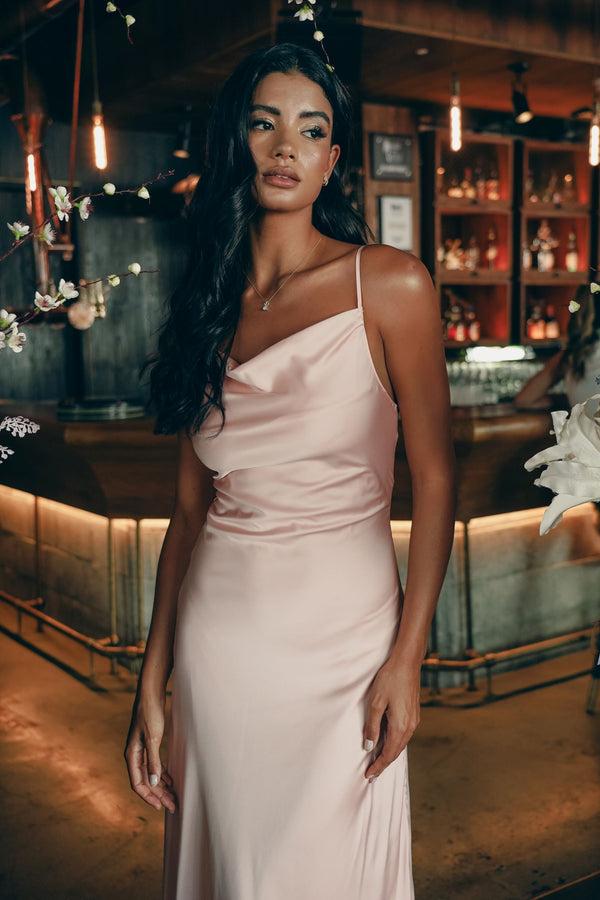 Skirt & Stiletto Satin Maxi Dress With Cowl Neck