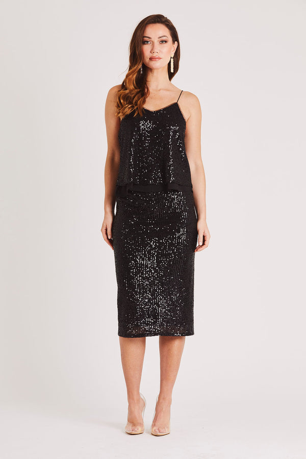 skirt & stiletto Sequin Midi Skirt in Black