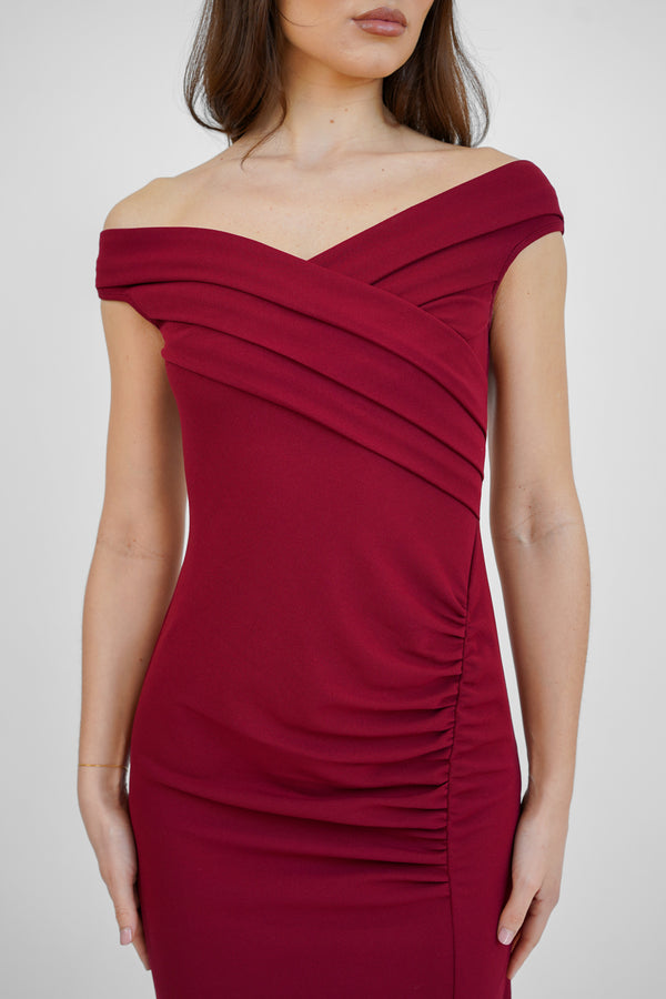 Skirt & Stiletto Wine Bardot Midi Dress With Slit