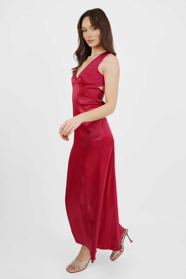 Skirt & Stiletto Wine Satin Maxi Dress With Back Bow