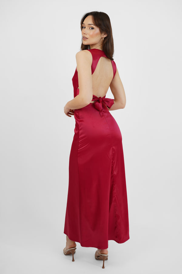 Skirt & Stiletto Wine Satin Maxi Dress With Back Bow