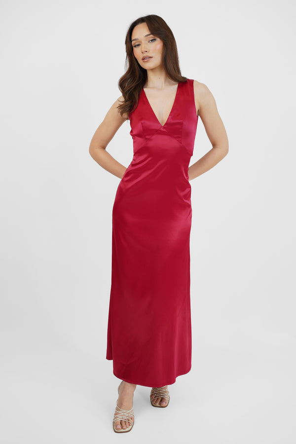 skirt & stiletto Wine Satin Maxi Dress with Back Bow