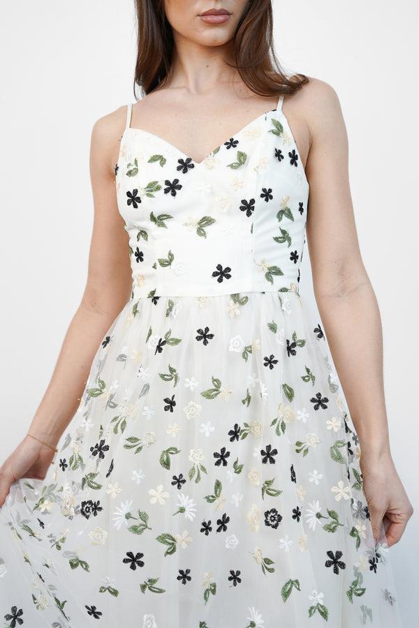 Skirt & Stiletto White Floral Embroidery Mesh Maxi Dress