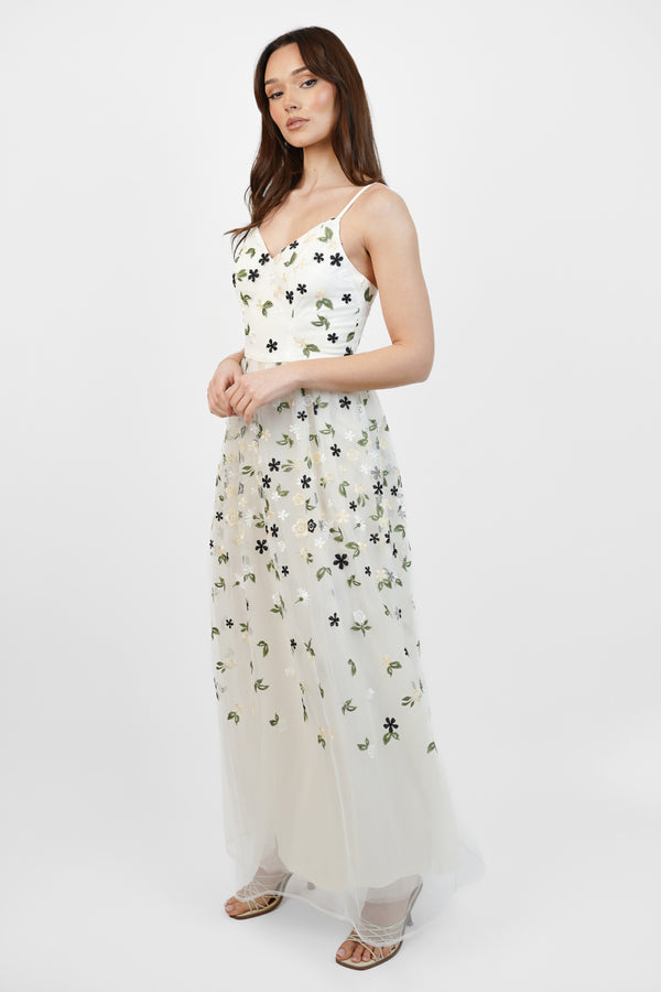 Skirt & Stiletto White Floral Embroidery Mesh Maxi Dress