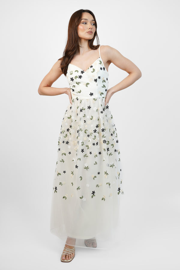 skirt & stiletto White Floral Embroidery Mesh Maxi Dress