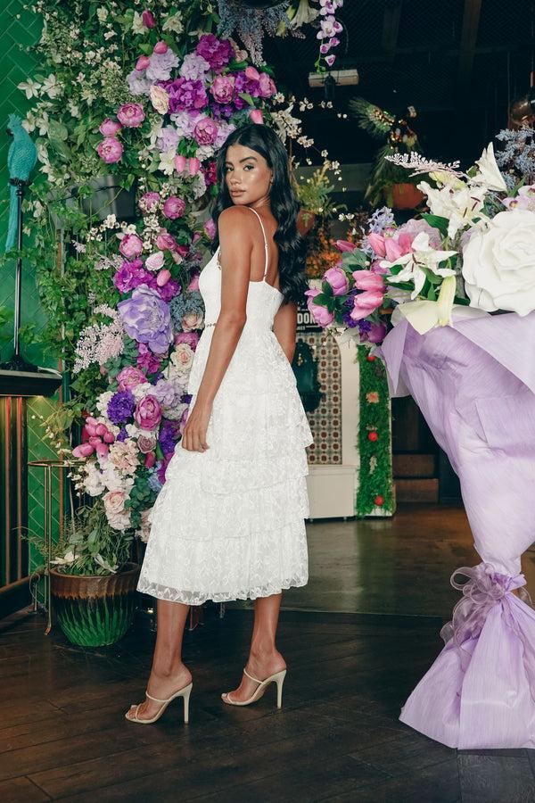 Skirt & Stiletto White Layered Lace Midi Dress With Details
