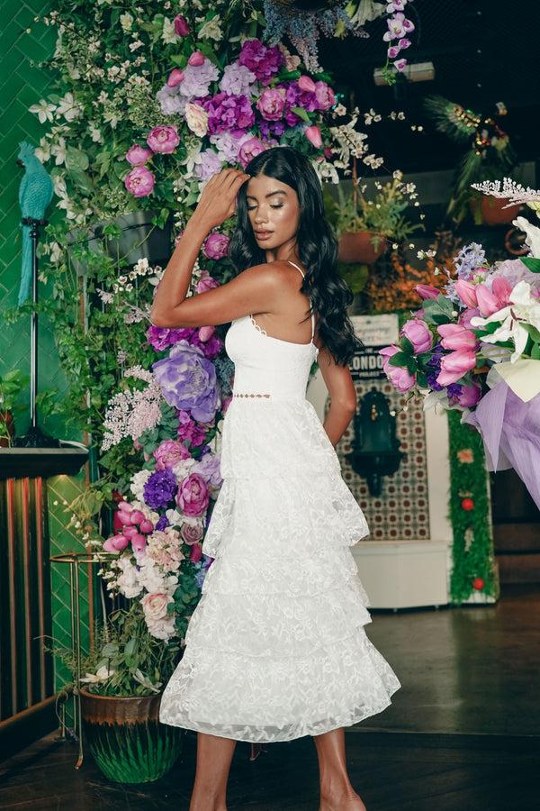 Skirt & Stiletto White Layered Lace Midi Dress With Details