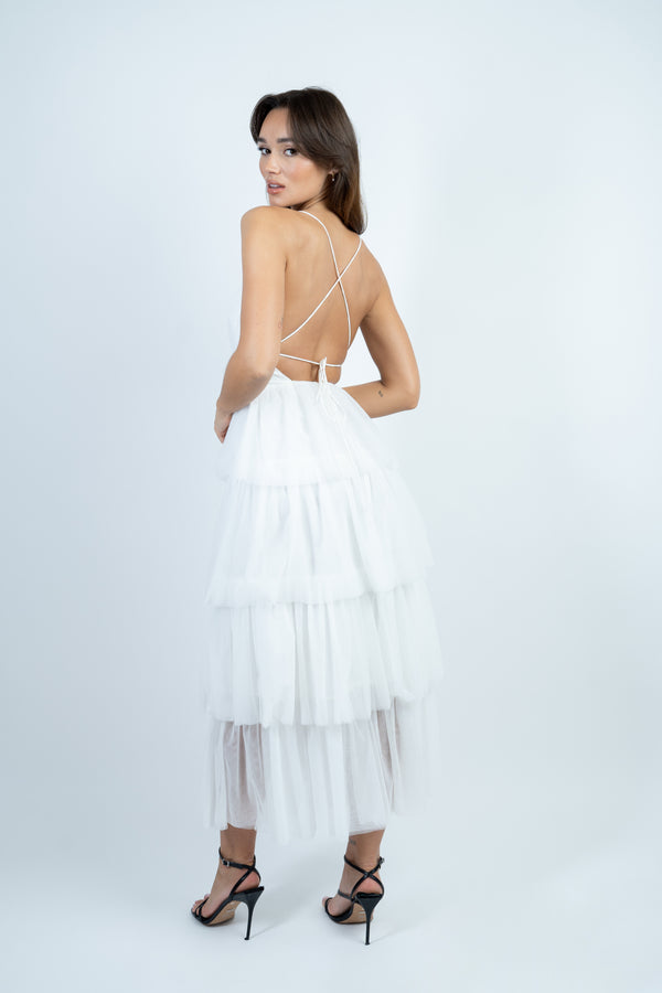 Skirt & Stiletto White Layered Mesh Maxi Dress With Back Tie