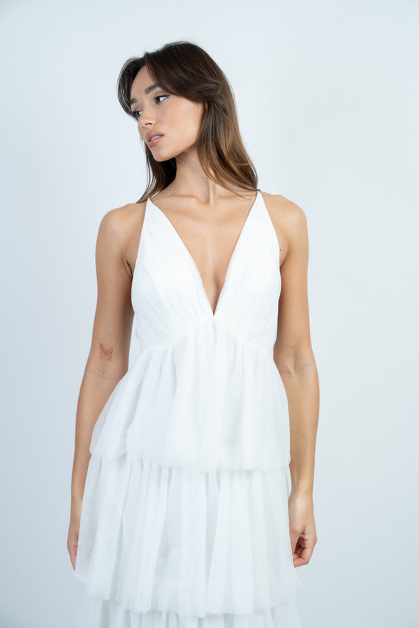 Skirt & Stiletto White Layered Mesh Maxi Dress With Back Tie