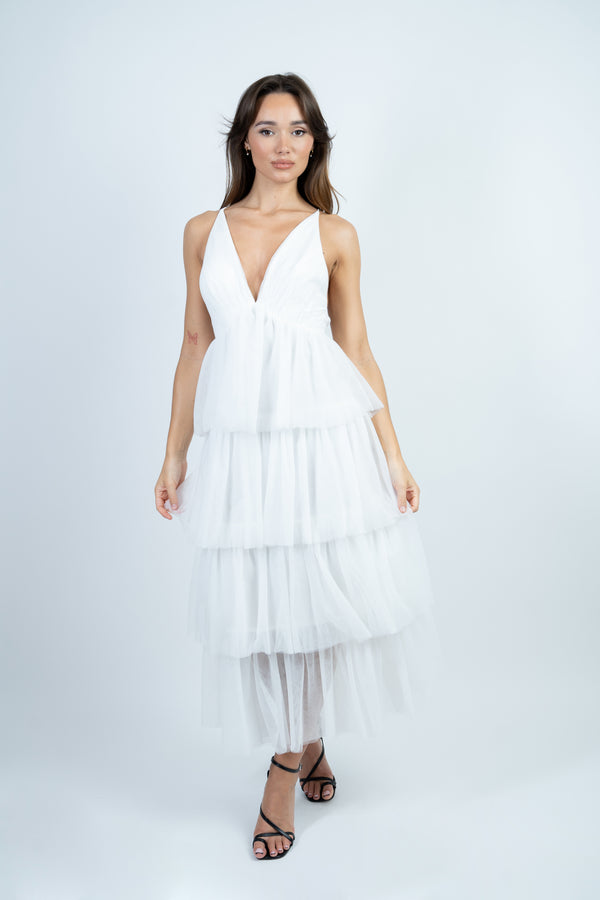 skirt & stiletto White Layered Mesh Maxi Dress with Back Tie