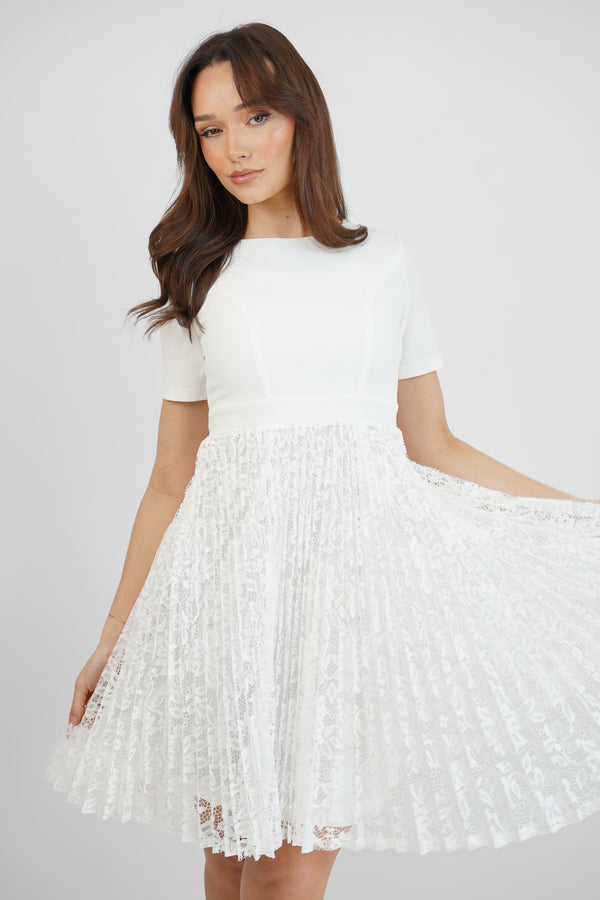 Skirt & Stiletto White Pleated Lace Skirt Skater Dress