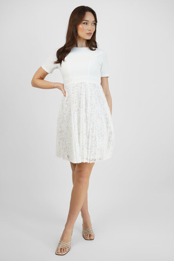 skirt & stiletto White Pleated Lace Skirt Skater Dress
