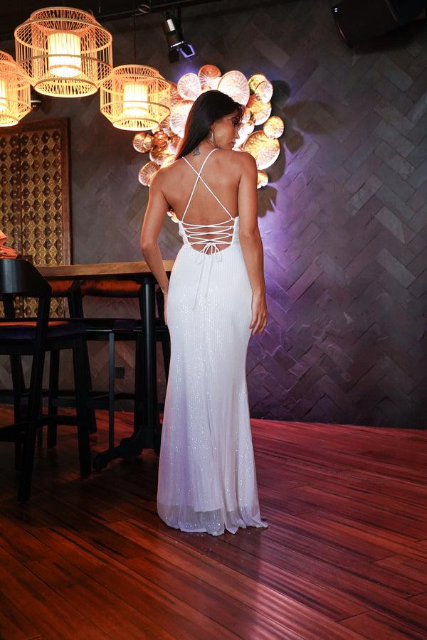 Skirt & Stiletto White Sequin Maxi Dress With Cutout And Back Straps
