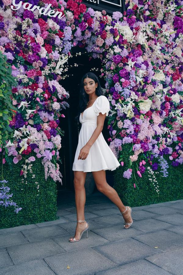 Skirt & Stiletto White Skater Dress With Deep V Neckline And Chiffon Sleeve