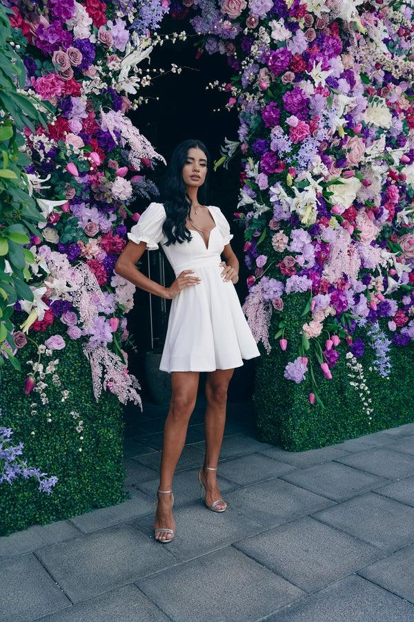 skirt & stiletto White Skater Dress with Deep V Neckline and Chiffon Sleeve