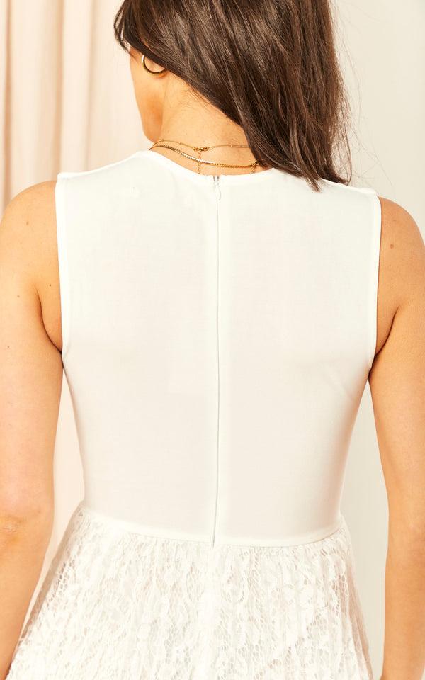 Skirt & Stiletto White Sleeveless Pleated Lace Midi Dress