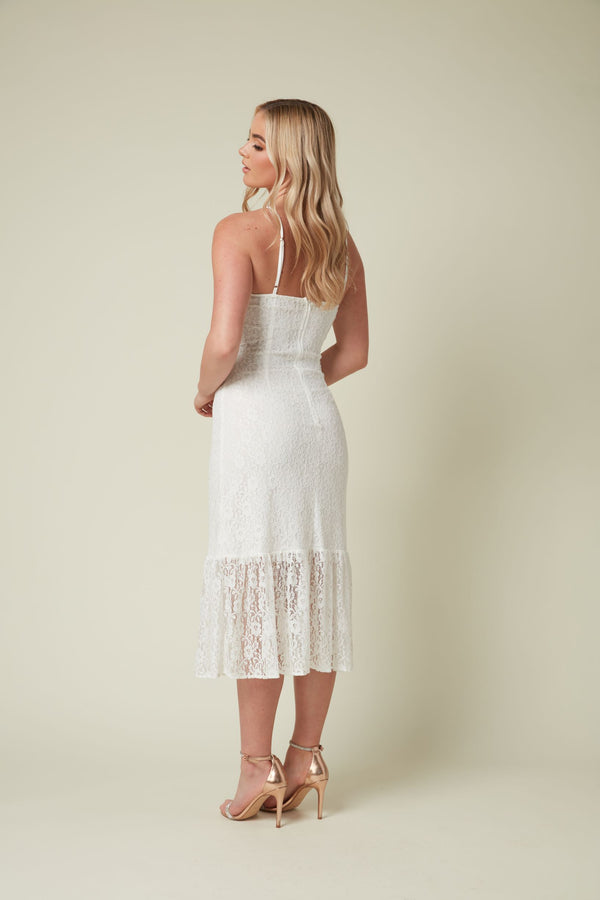 Skirt & Stiletto WHITE STRETCH LACE MIDI DRESS WITH BOTTOM FRILL