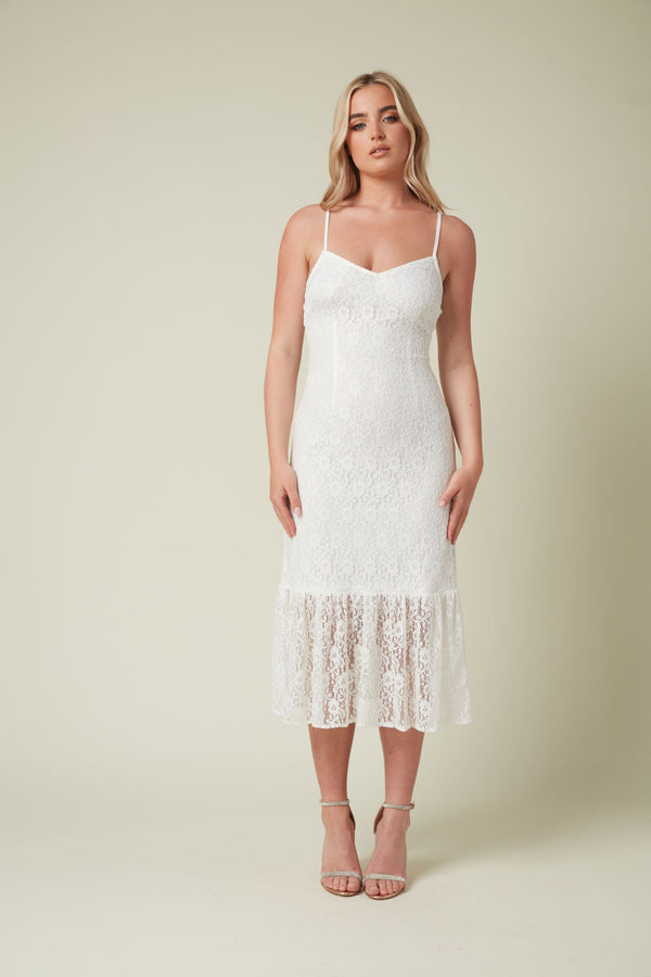 skirt & stiletto WHITE STRETCH LACE MIDI DRESS WITH BOTTOM FRILL