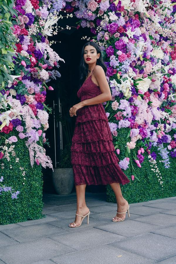 Skirt & Stiletto Wine Layered Lace Midi Dress With Details