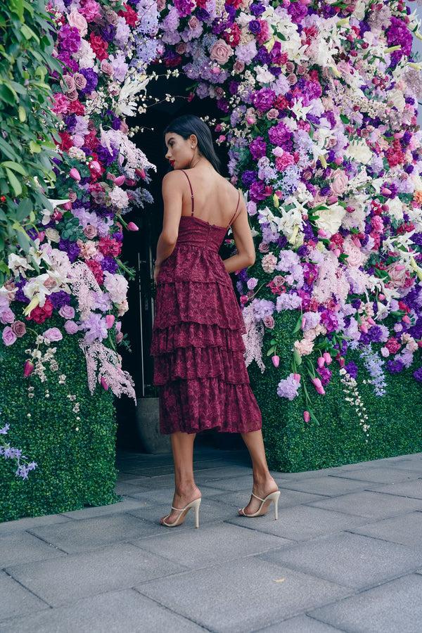 Skirt & Stiletto Wine Layered Lace Midi Dress With Details