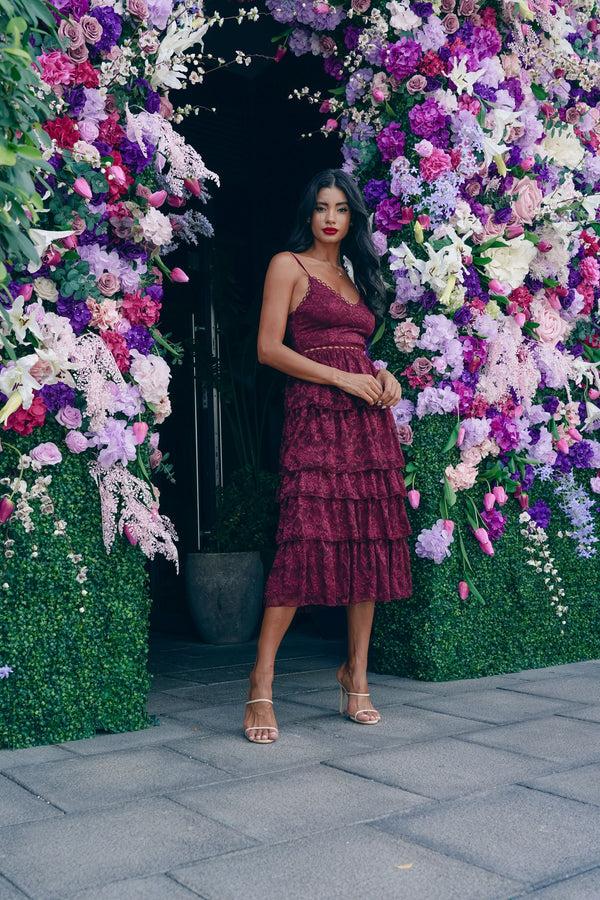 skirt & stiletto Wine Layered Lace Midi Dress with Details